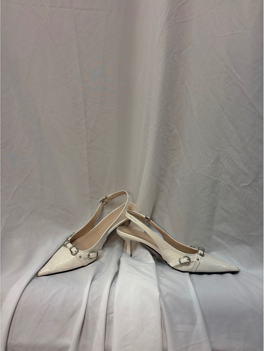 White Pointed Toe Slingback Kitten Heel Shoes with Buckle Detail